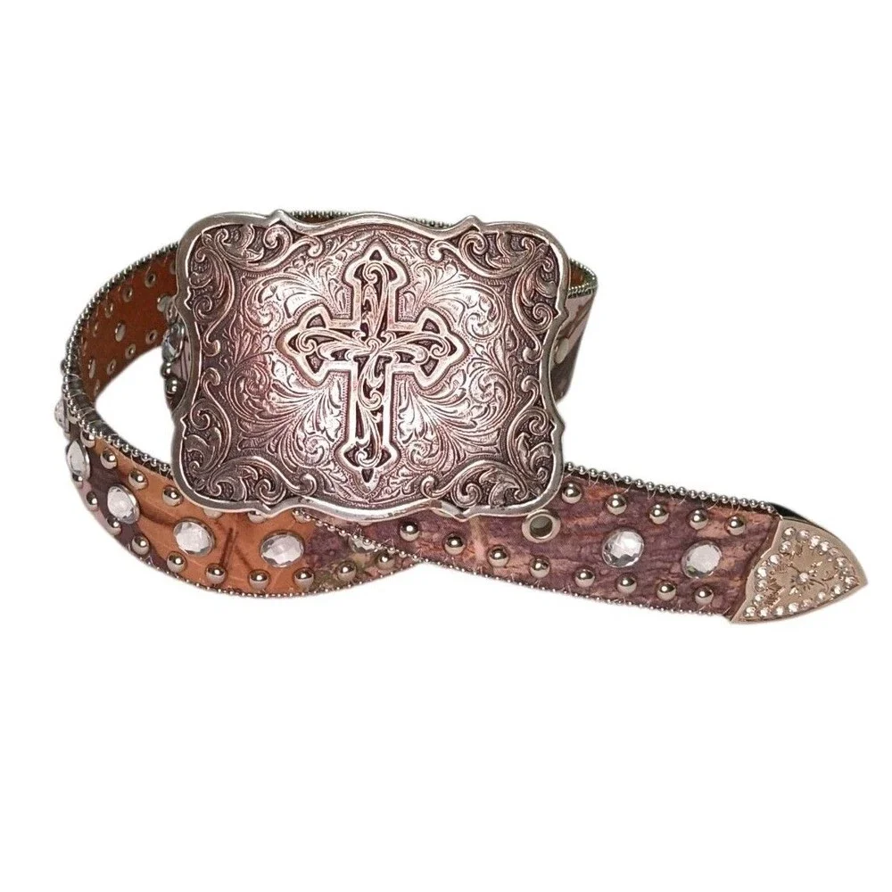 Blazin Roxx RHINESTONE Western Mossy Oak Pink Camo Bling Belt & Cross Buckle Med